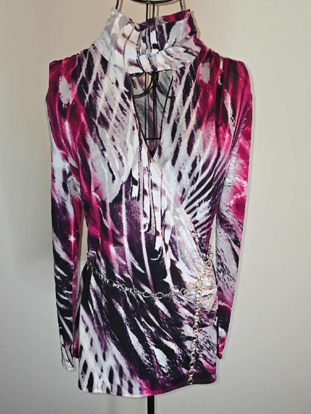 Cache Pink, Black, White & Magenta Abstract Wrap Tunic with Chain Belt